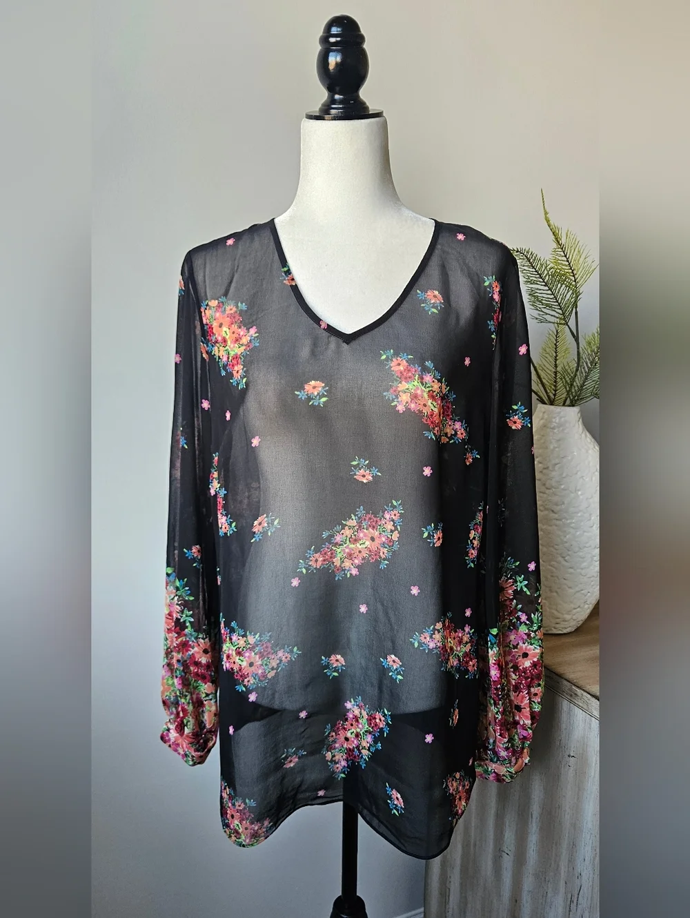 CAbi Black Sheer Floral Tie-Front Blouse - Picture 5 of 6